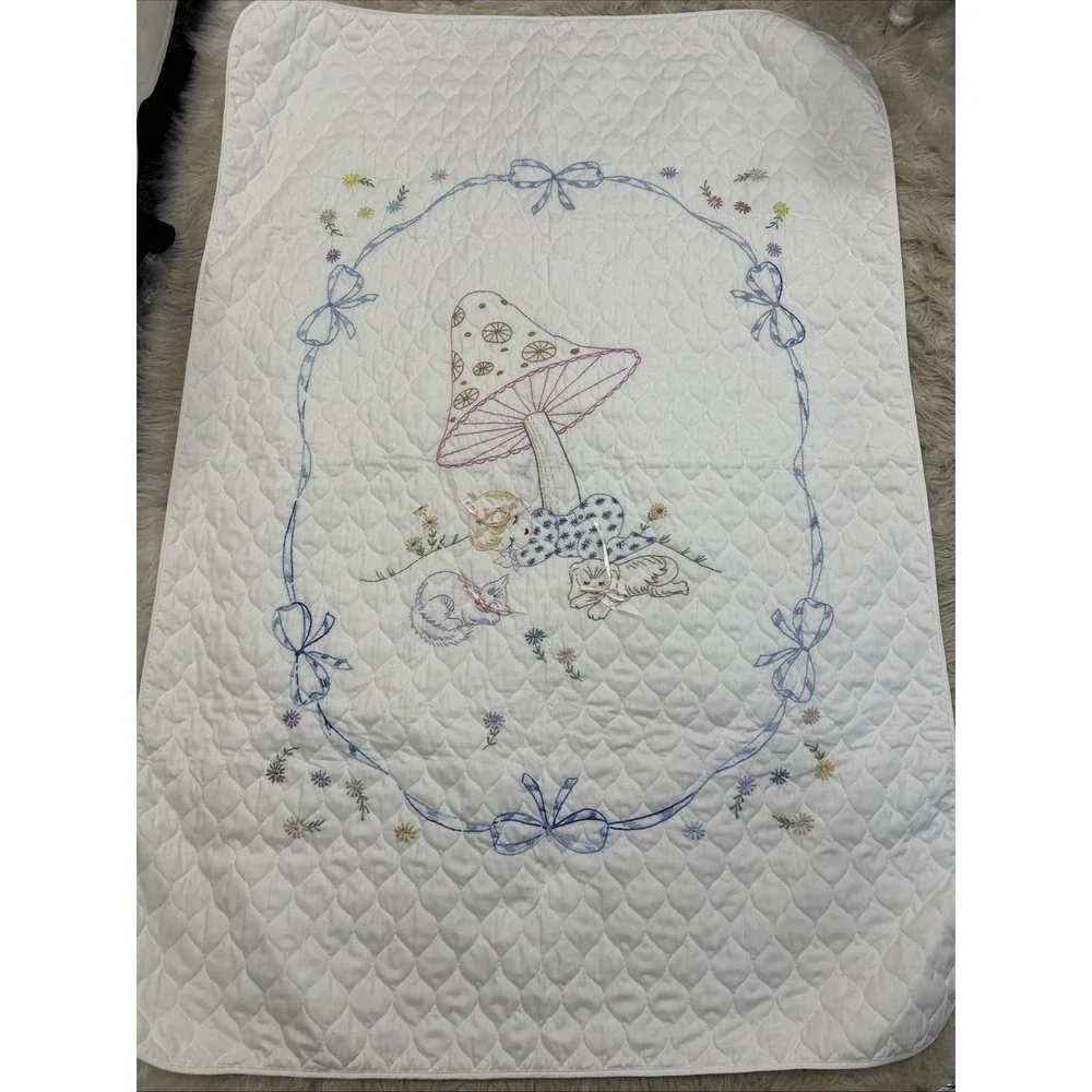 Vintage '73 Hand Stitched Embroidery Baby Quilt Mushroom Kitty Puppy Bows 58x40